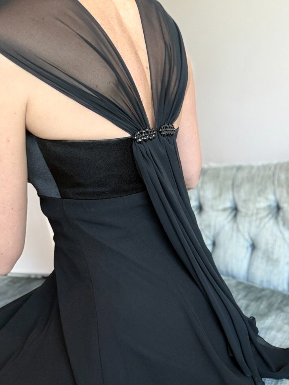 💝SOLD💝 Vintage Black Cocktail Dress Sheer Open Back Fit Flare 2 Chiffon - Picture 10 of 12